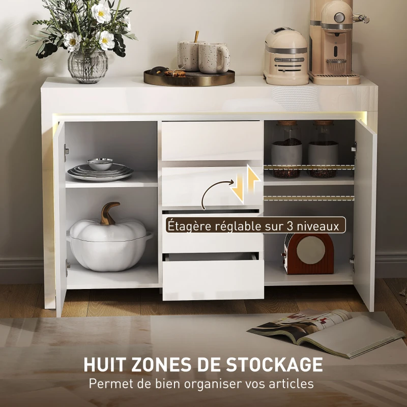 HOMCOM Buffet salon, meuble de rangement avec éclairage LED 4 tiroirs portes à fermeture douce 120 x 34 x 80 cm, blanc brillant