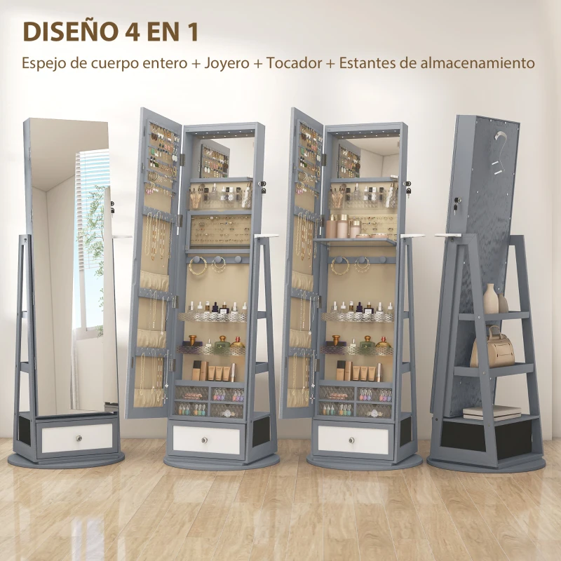 HOMCOM Espejo Joyero con Luces LED Armario Joyero con Espejo Entero Giratorio de 360° Cajón Cerradura Gris Claro