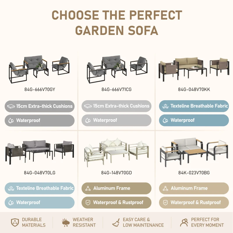 Outsunny 4 Piece Metal Garden Furniture Set with Tempered Glass Coffee Table, Texteline Pocket, Outdoor Set Loveseat Single Armchairs with Padded Cushions, Light Grey