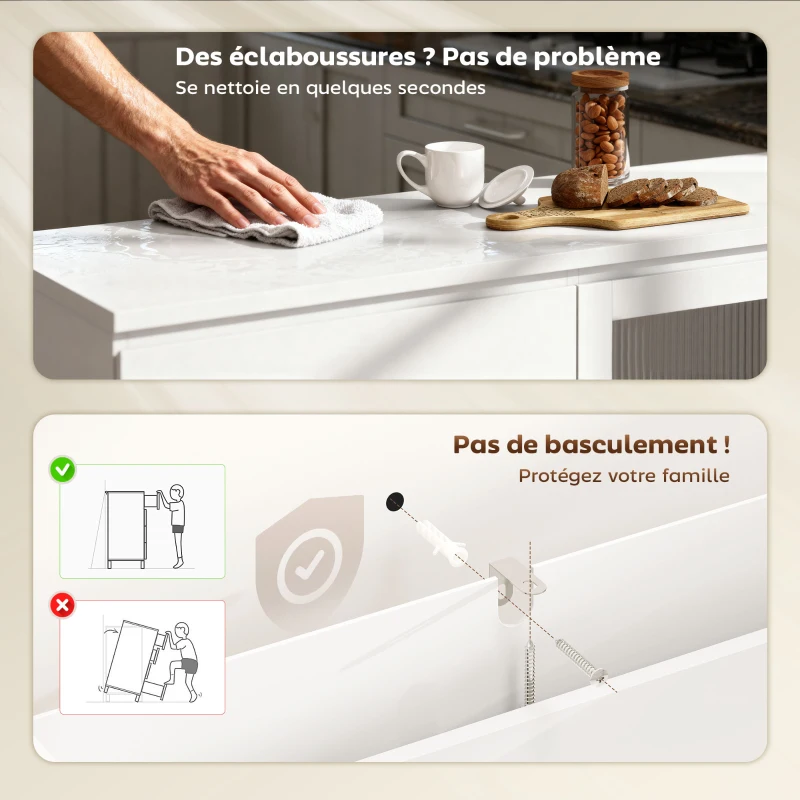 HOMCOM Buffet salon, meuble de rangement avec 4 tiroirs et 2 portes en verre trempé, étagère réglable, 120 x 40 x 91 cm, blanc