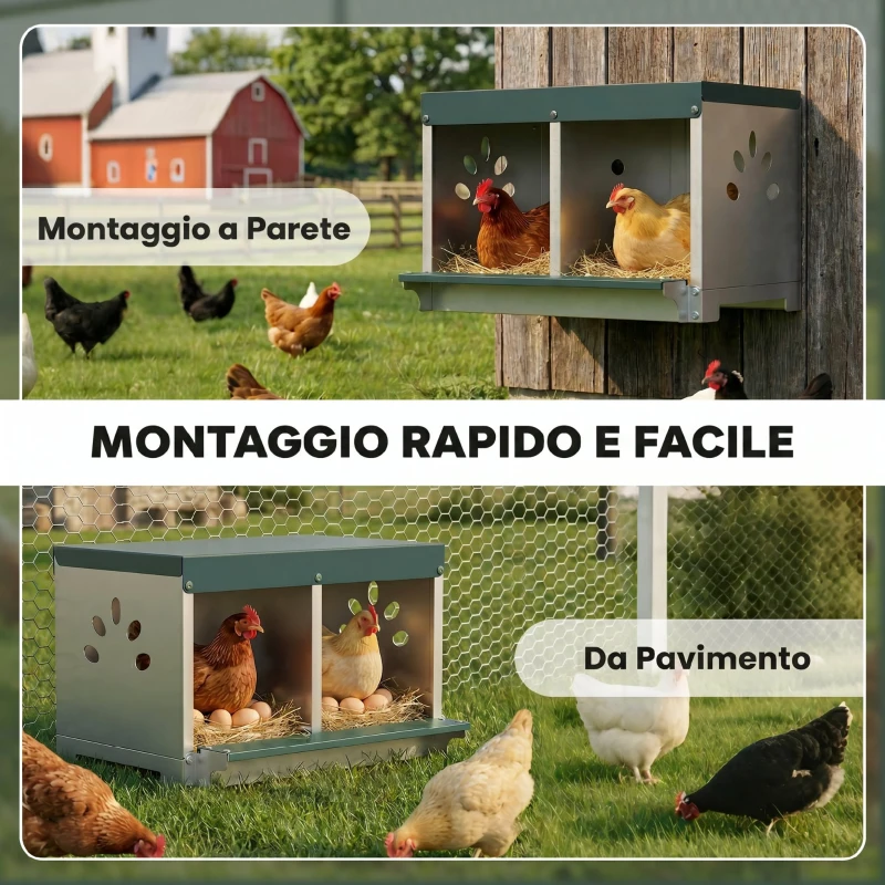PawHut Nido per Galline Ovaiole in Acciaio a 2 Aree con Base Rialzata, Tetto e Fori di Ventilazione, Argento