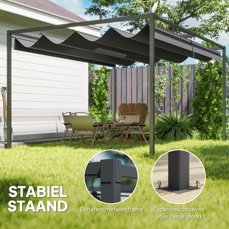 Outsunny Pergola 298x213cm met schuifdak zonwering voor Tuin Zwart