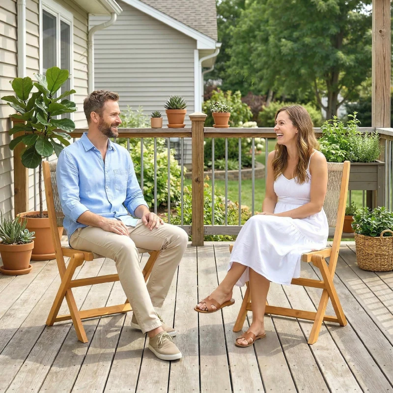 Outsunny Set di 2 Sedie Pieghevoli da Giardino in Rattan PE e Legno di Acacia, Supporto fino a 160 kg, Beige