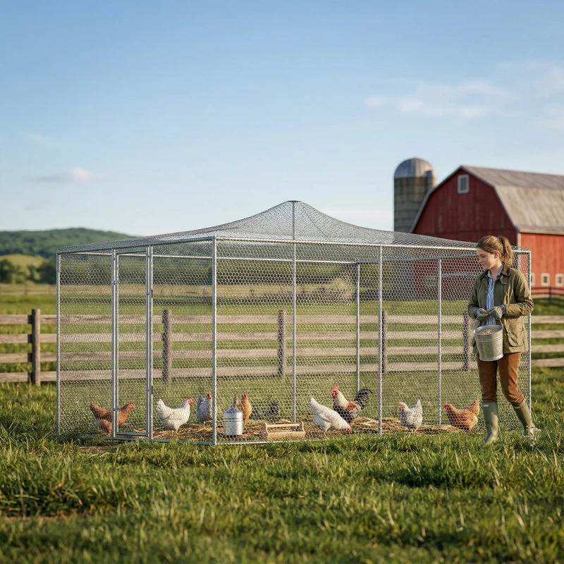 PawHut Gallinero para Exterior Grande 4x3x1,97 m 12 m² Gallinero de Acero Galvanizado con Puerta con Doble Cierre Plata