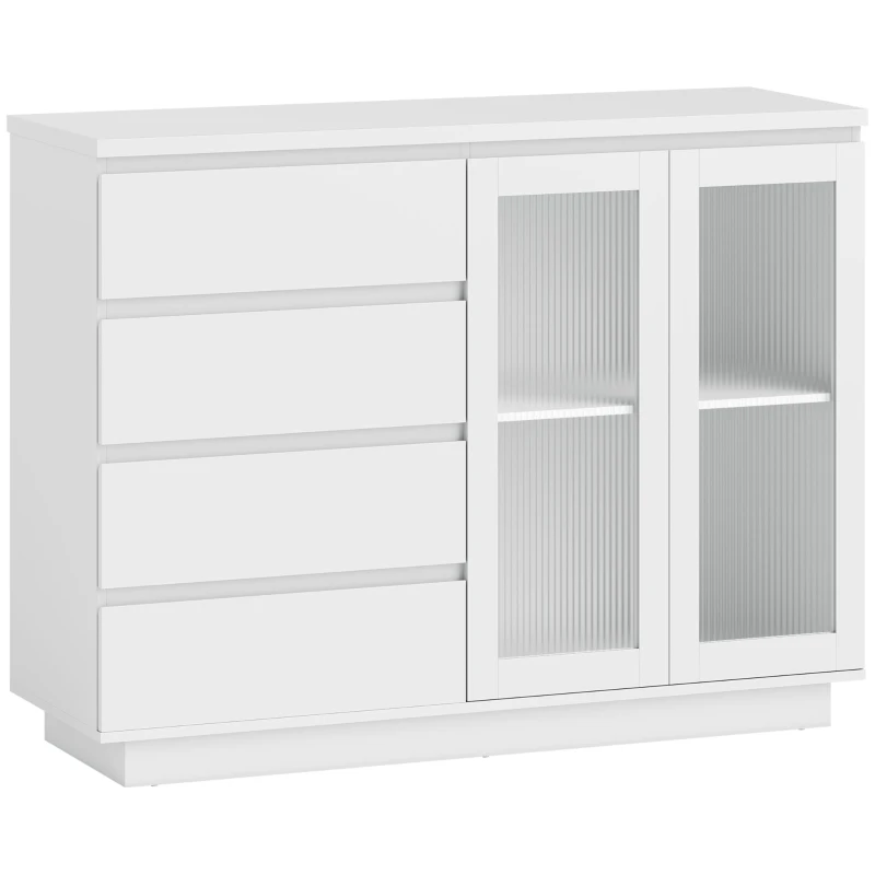 HOMCOM Buffet salon, meuble de rangement avec 4 tiroirs et 2 portes en verre trempé, étagère réglable, 120 x 40 x 91 cm, blanc