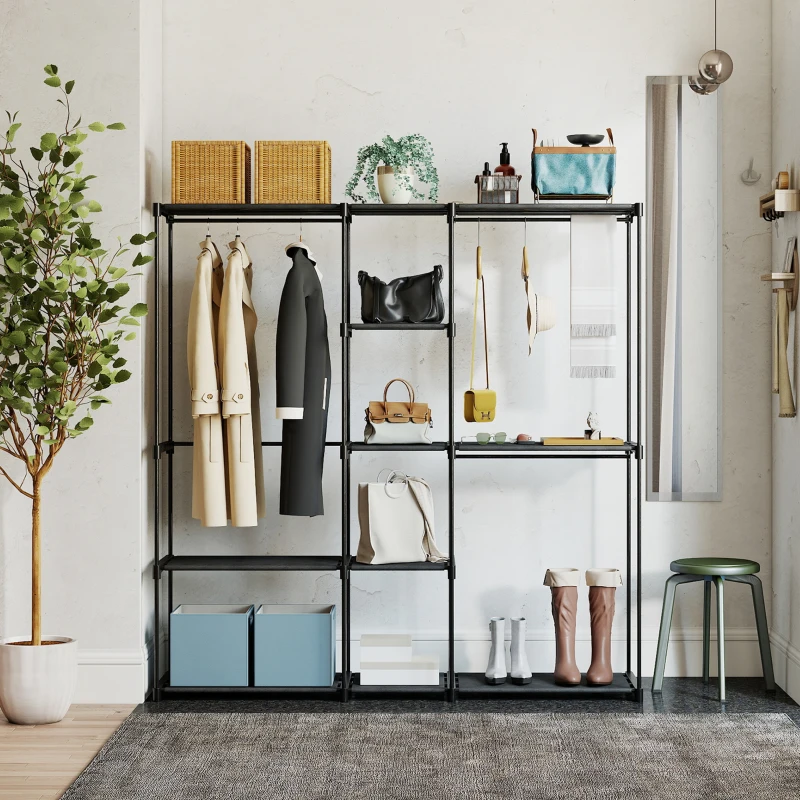 HOMCOM Open kledingkast, 4-laags kledingrek met 2 hangvakken voor woonkamer, 182 x 43 x 185 cm, Zwart