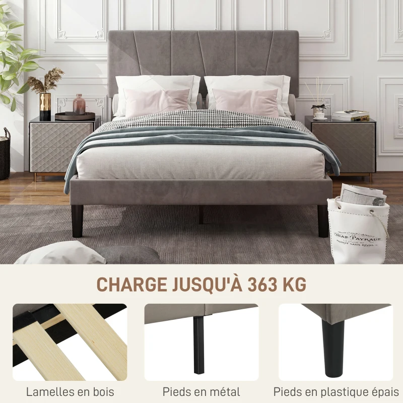 HOMCOM Cadre de lit double 140 x 190 cm lit 2 personnes tête de lit réglable sommier 150 x 198 x 100/105/110/115/120 cm gris