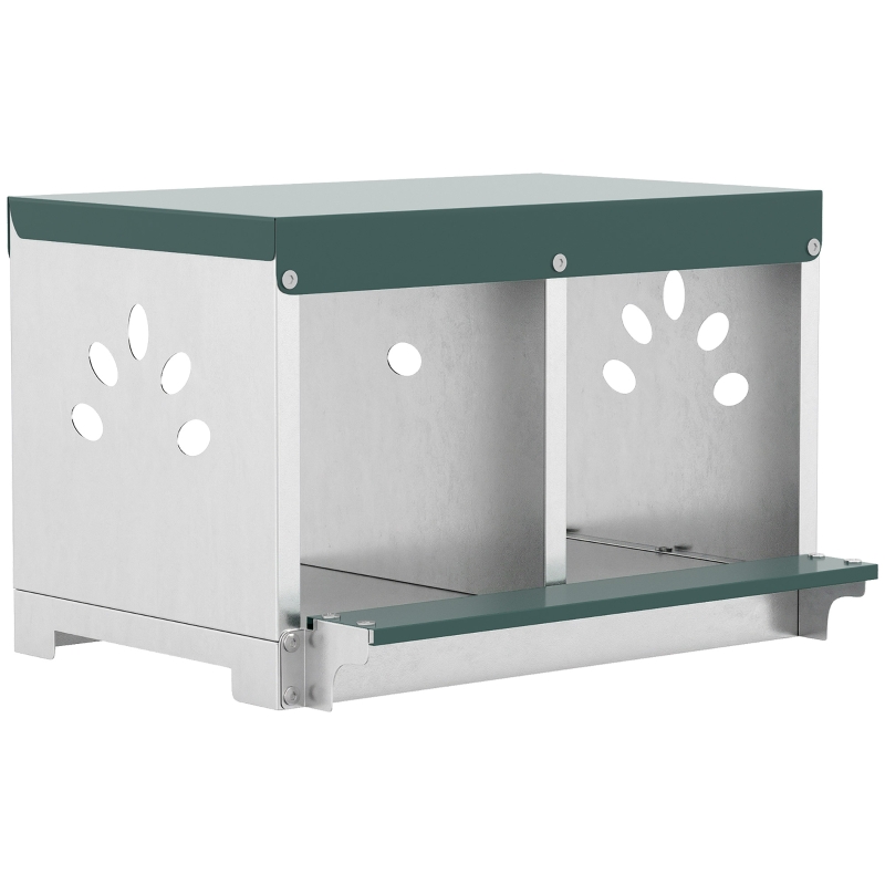 PawHut Ninho para Galinhas Poedeiras de Aço Galvanizado com 2 Compartimentos Ninho para 2 Galinhas com Teto Impermeável e Ventilação 54,5x42,5x35,5 cm Prata e Verde