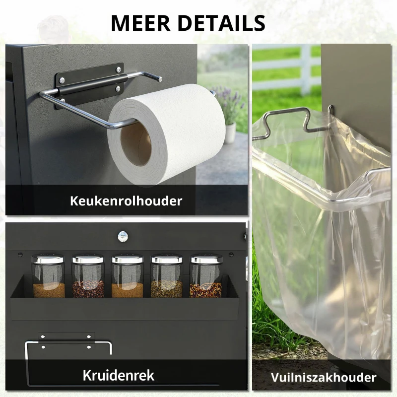 Outsunny Grillwagen met 5 niveaus, roestvrijstalen werkblad, verstelbare planken, lade, wielen, kruidenrek en handdoekhouder