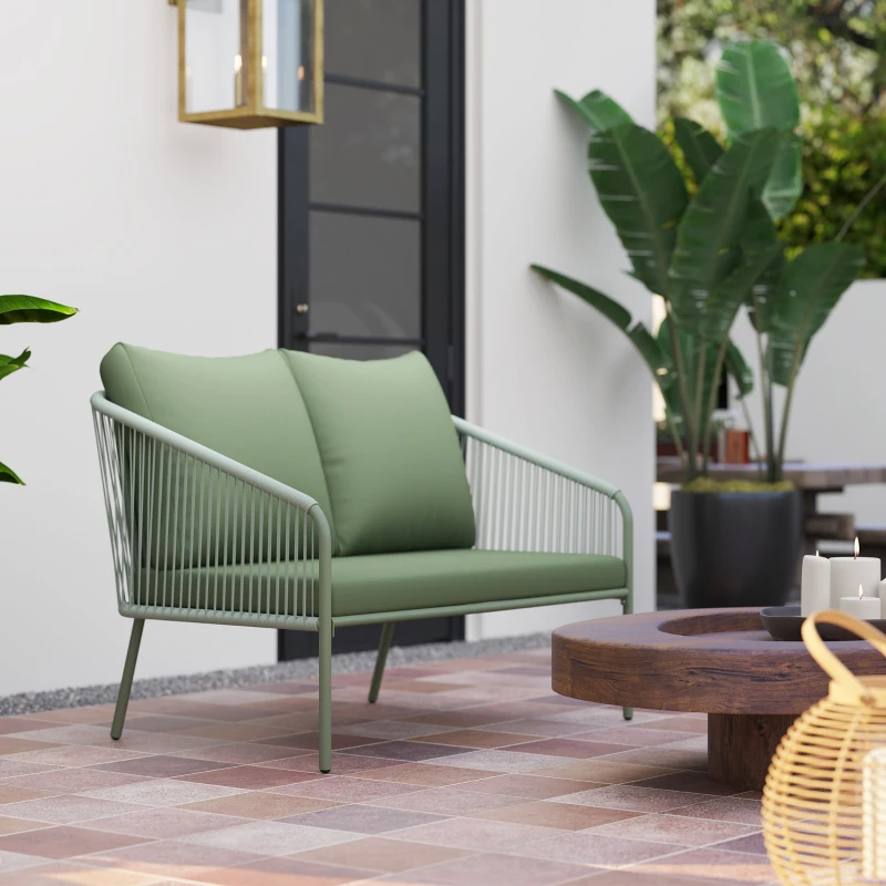 Outsunny Tuinsofa met Kussens Tweezitter Rotan Loungebank voor Buiten Balkon 112 x 72 x 76 cm Groen