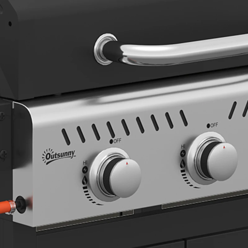 Outsunny Barbecue a Gás Portátil com 3 Queimadores 7,5 kW Termómetro Mesas Laterais Dobráveis Armário Grelha Aquecedora Chapa 125x57x110 cm Preto