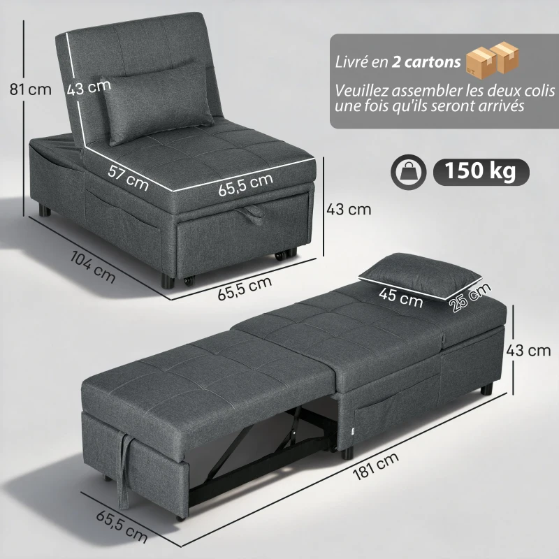 HOMCOM Fauteuil convertible 1 place fauteuil lit avec dossier réglable, siège rembourré et oreiller, gris