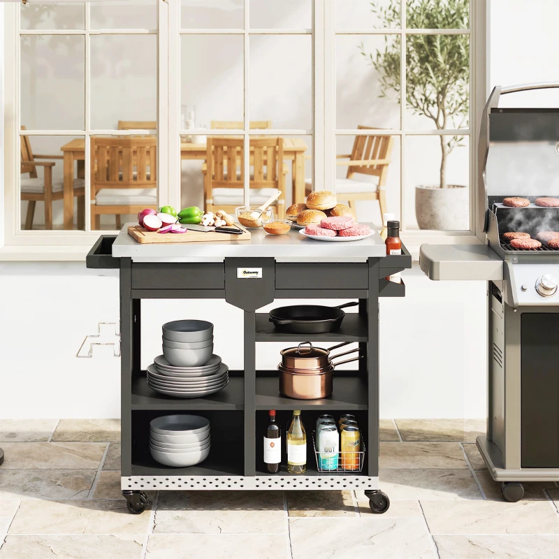Outsunny Grillwagen met 5 niveaus, roestvrijstalen werkblad, verstelbare planken, lade, wielen, kruidenrek en handdoekhouder