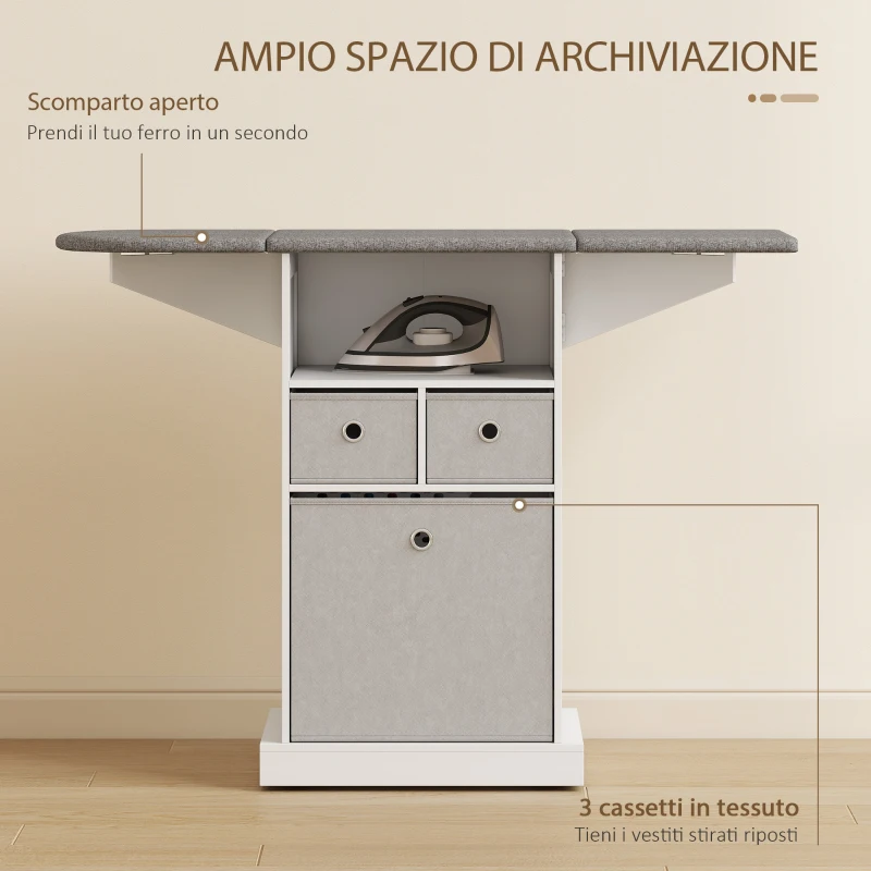 HOMCOM Mobile Asse da Stiro Pieghevole a Rotelle con Ripiano Aperto e 3 Cassetti, 121x37x89.5 cm, Bianco e Grigio