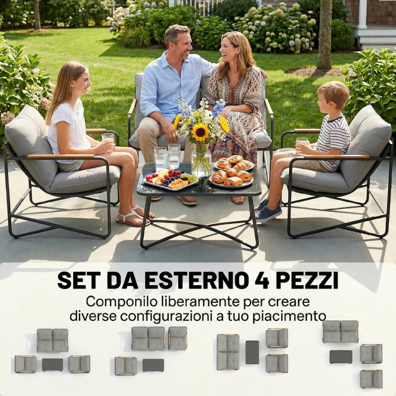 Outsunny Salotto da Giardino 4 Posti con Divanetto 2 Posti e 2 Poltrone con Cuscini, Grigio Chiaro