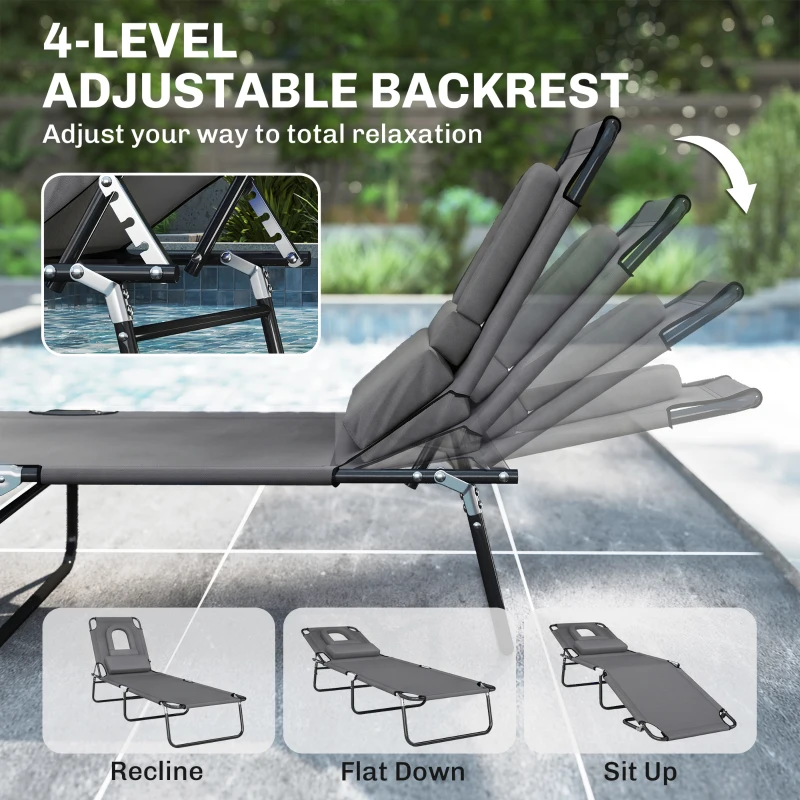 Outsunny Leżanka z otworem na twarz i poduszką, składana, z wodoodpornym pokrowcem, metalowa rama, ciemnoszara