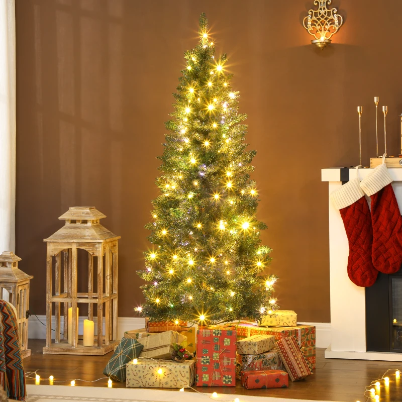 HOMCOM Sapin de Noël artificiel 150 cm, arbre de Noël fin avec 170 lumières, 635 pointes, support en métal pliable, vert