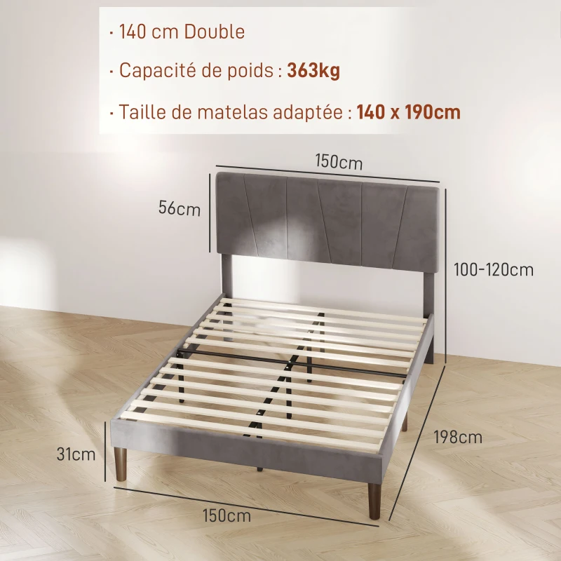 HOMCOM Cadre de lit double 140 x 190 cm lit 2 personnes tête de lit réglable sommier 150 x 198 x 100/105/110/115/120 cm gris