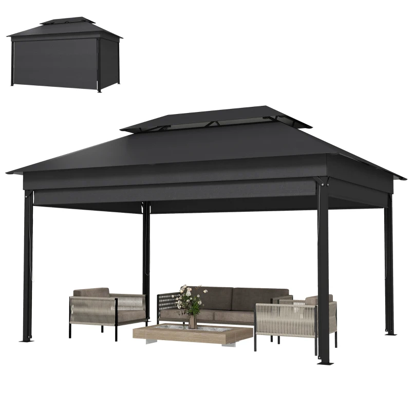 Outsunny Gazebo da Giardino 4x3 m con Tende Laterali, Doppio Tetto, Fori di Drenaggio, Grigio Scuro