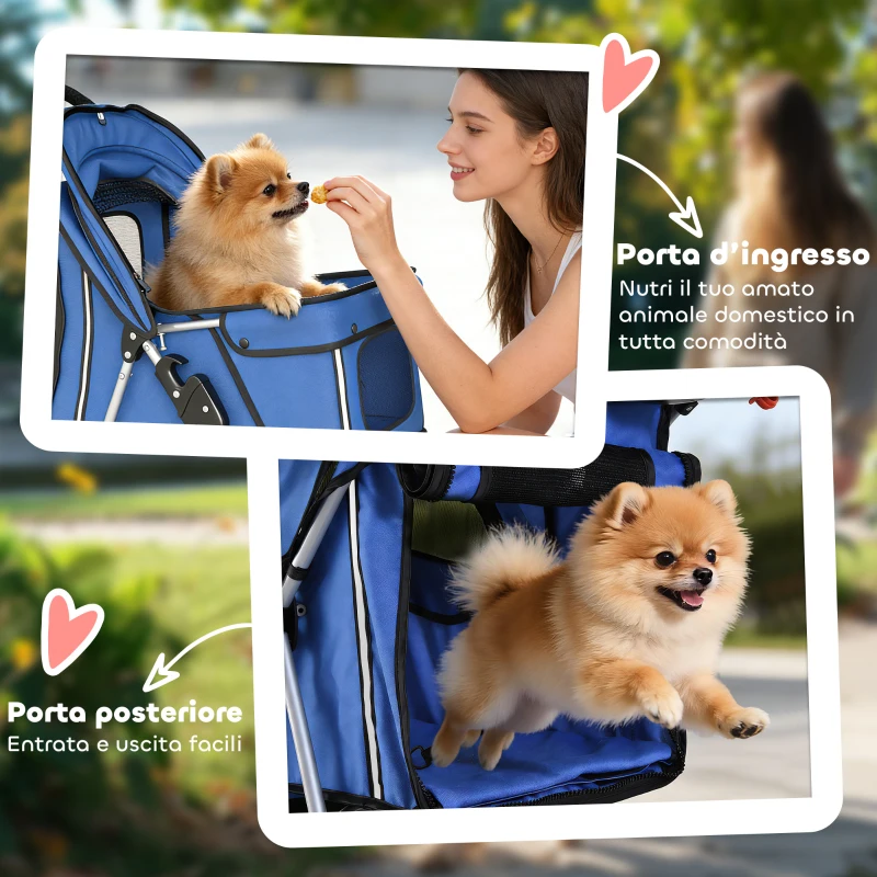 PawHut Passeggino per Cani Pieghevole con Portabicchieri e Cestino, 77x44x102 cm, Blu