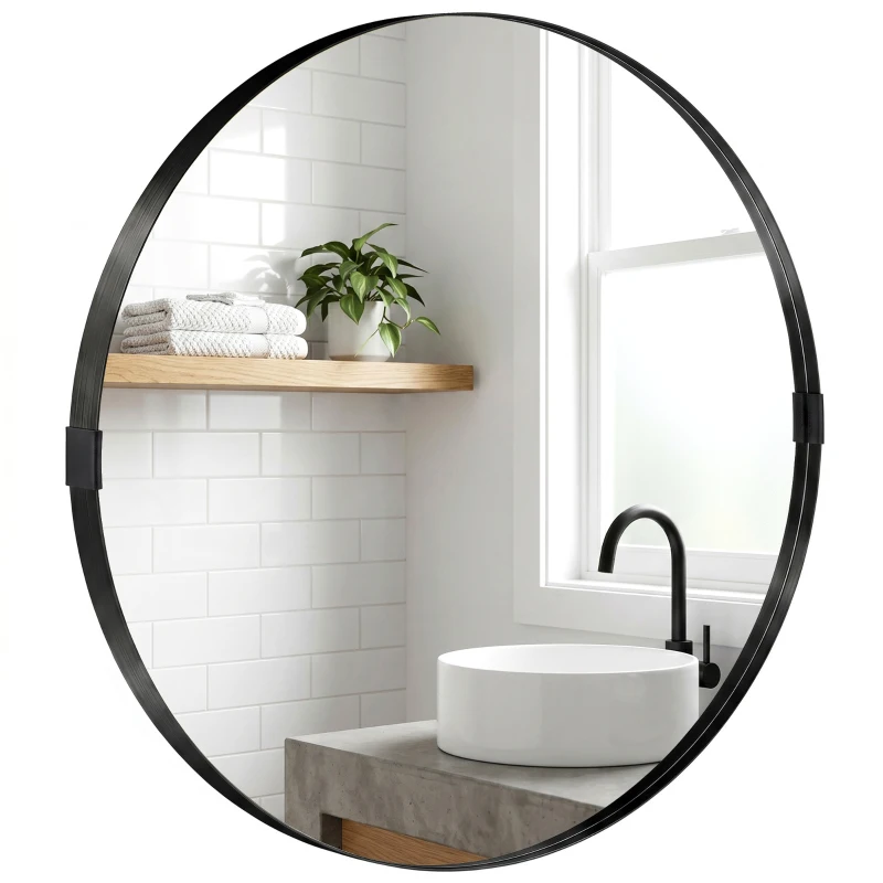 HOMCOM Round Wall Mirror 61 cm, Wall Mounted Bathroom Mirror with Tempered Safety Glass and Aluminium Alloy Frame, Black