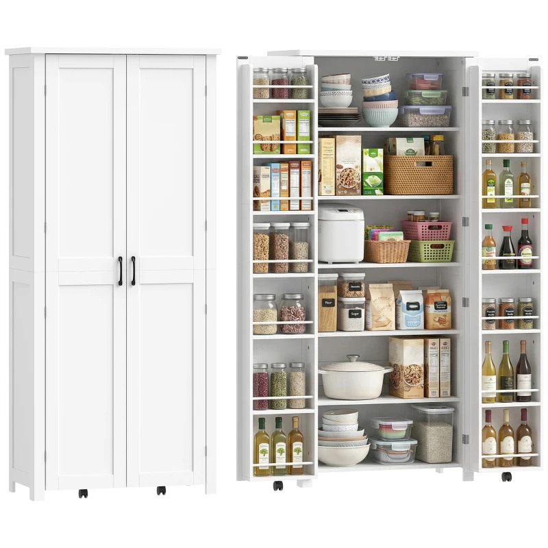 HOMCOM Móvel de Cozinha Moderno: Rodízios, 2 Portas, 14 Compartimentos, Cor Branco.