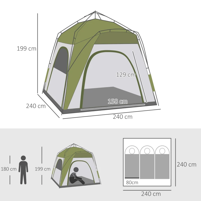 Outsunny Tente de camping pop-up 3 personnes, dôme familiale avec 4 portes, 4 fenêtres et sac de transport – Vert et gris