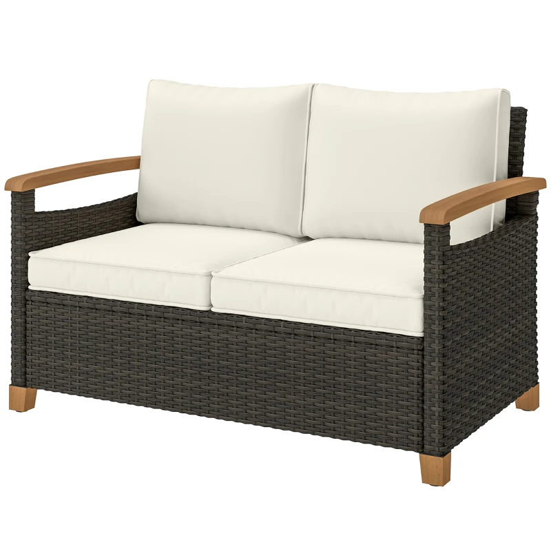 Outsunny 2 Seater Rattan Garden Sofa, Outdoor Sofa with Thickened Cushions and Acacia Wood Armrests, Brown
