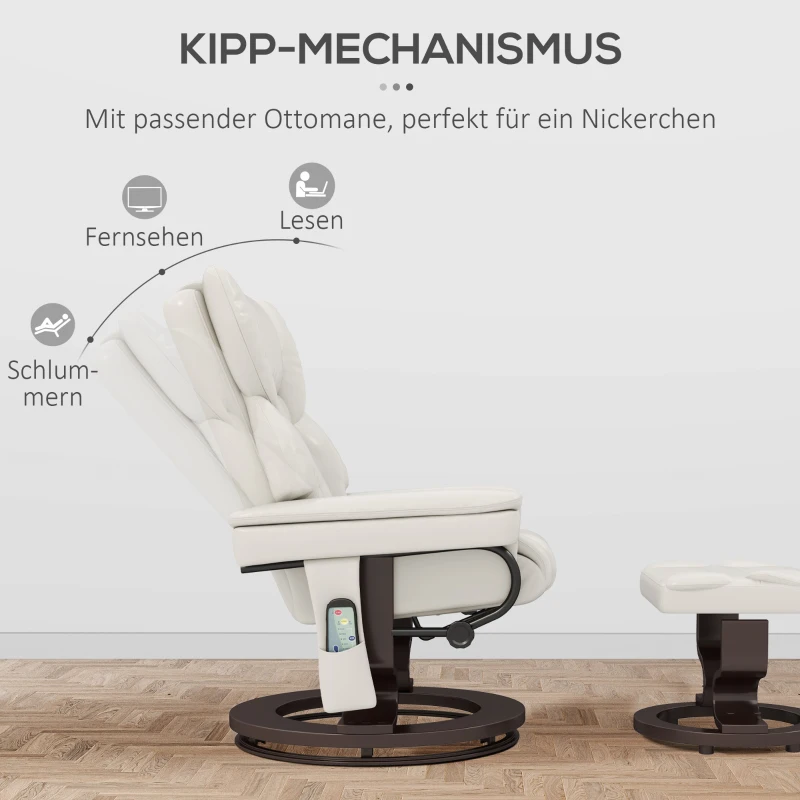 HOMCOM Relaxsessel mit Massagefunktion und Fußhocker, Liegesessel, Kunstleder, 79 x 82 x 101 cm, Cremeweiß(m-5)