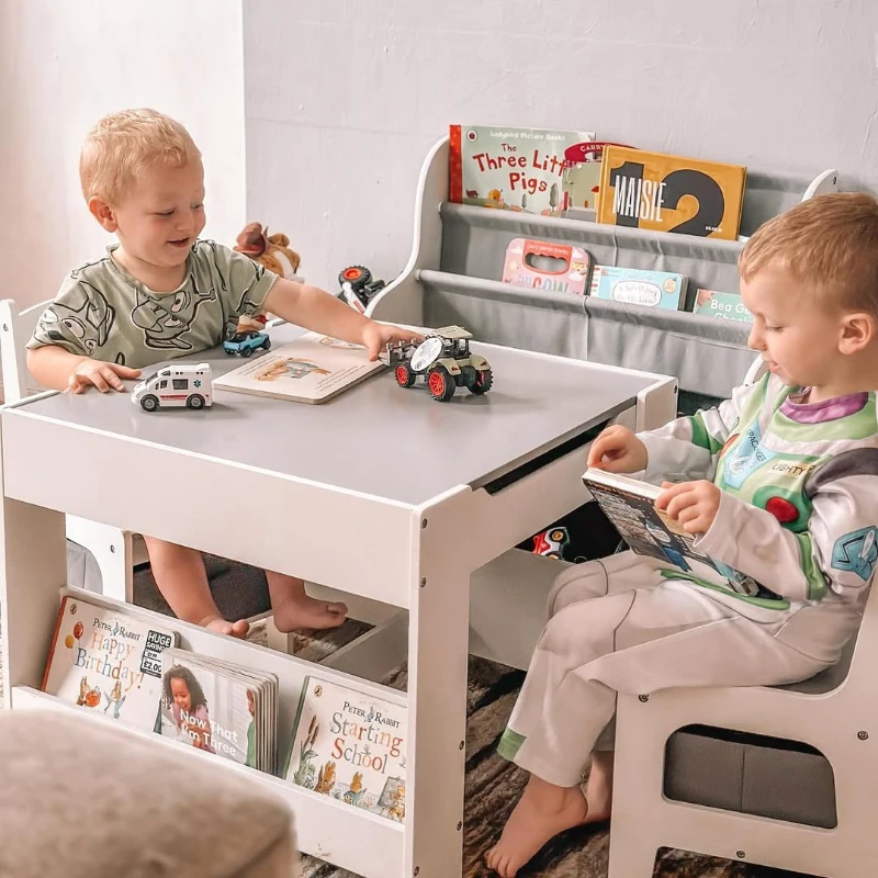 HOMCOM Three-Piece Kids Table and Chair Set with Blackboard, Storage, Bookshelves - Grey
