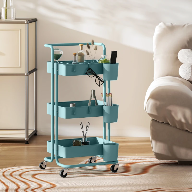 HOMCOM Chariot à 3 niveaux desserte avec 4 crochets et 3 boîtes suspendues amovibles pour 42 x 38 x 86,5 cm bleu-vert