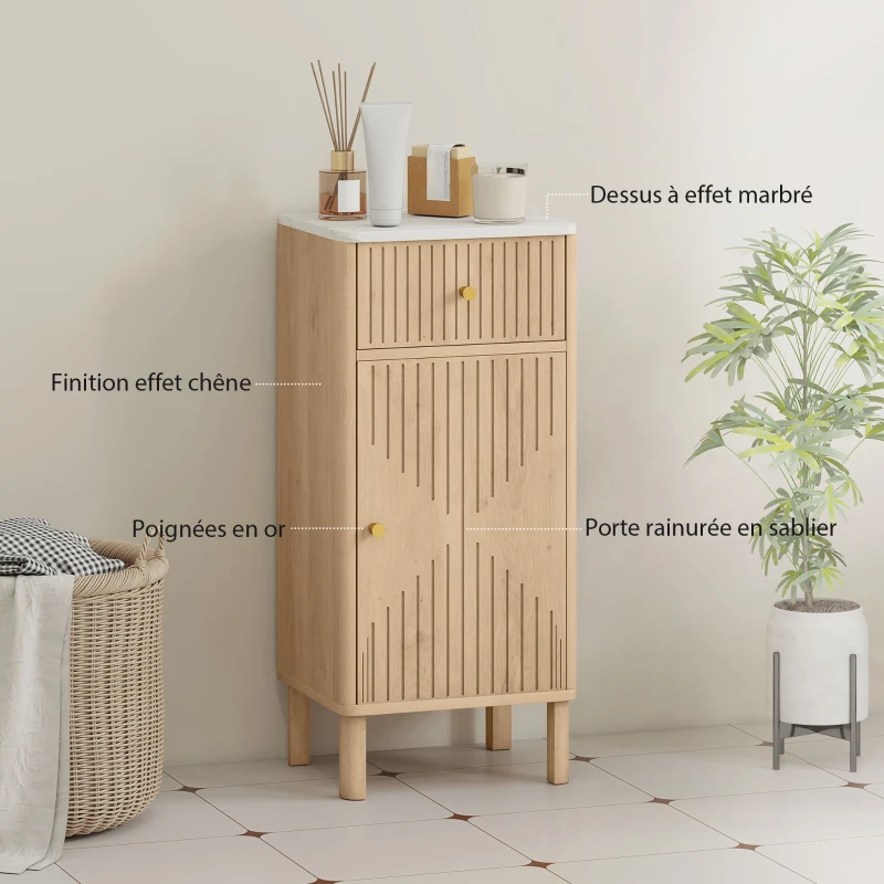 HOMCOM Meuble de salle de bain, meuble de rangement avec plateau effet marbre et porte rainurée, tiroir 36 x 30 x 80 cm, chêne