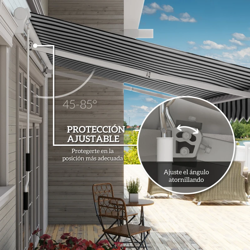 Outsunny Toldo Manual Retráctil 395x245 cm Ángulo Ajustable Brazo Articulado Anti-UV e Impermeable Montaje a Pared Azul y Blanco