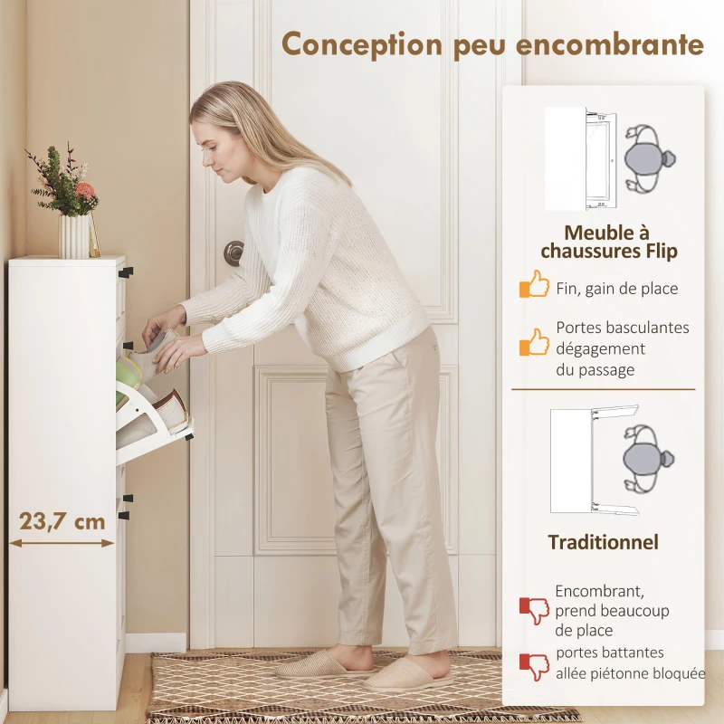 HOMCOM Meuble à chaussures 20 paires, armoire à chaussures étroite avec 4 tiroirs rabattables, 2 compartiments, blanc