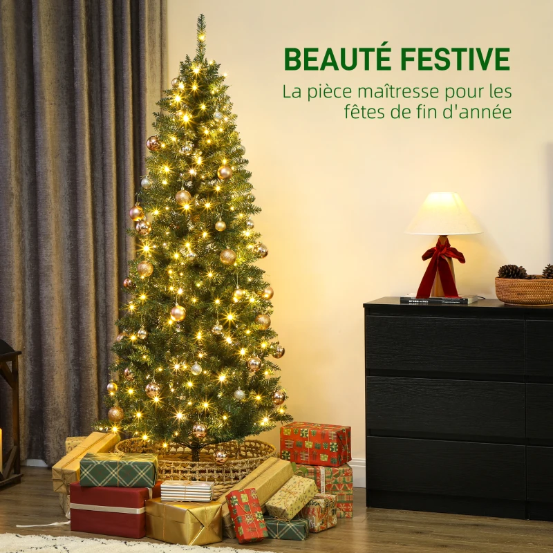 HOMCOM Sapin de Noël artificiel 180 cm, arbre de Noël fin avec 250 lumières, 899 pointes, support en métal pliable, vert