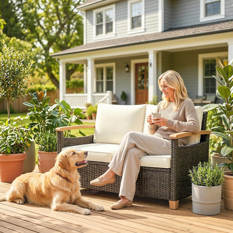 Outsunny 2 Seater Rattan Garden Sofa, Outdoor Sofa with Thickened Cushions and Acacia Wood Armrests, Brown