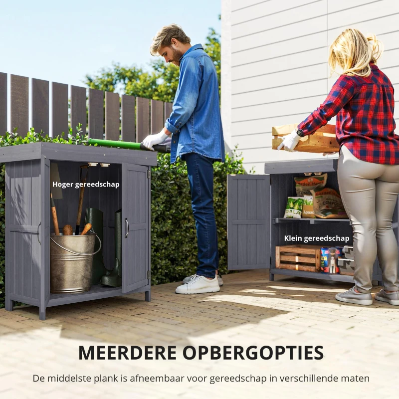 Outsunny Apparatuurkast, dubbele deur, klapdeksel, 2 planken, weerbestendig, natuurlijk hout, grijs, 74 x 43 x 88 cm(m-6)