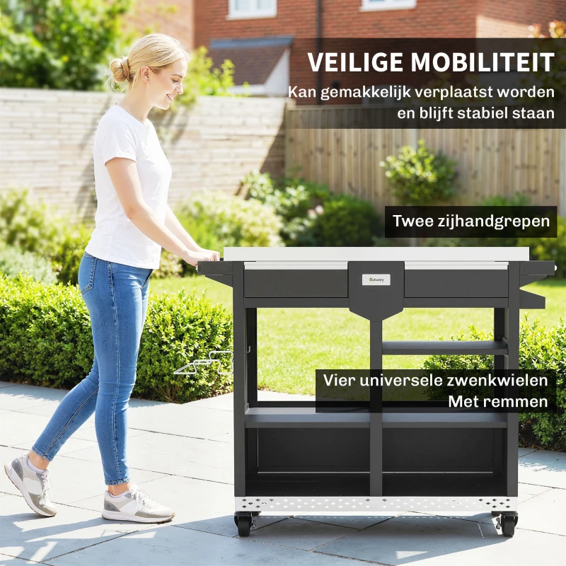 Outsunny Grillwagen met 5 niveaus, roestvrijstalen werkblad, verstelbare planken, lade, wielen, kruidenrek en handdoekhouder