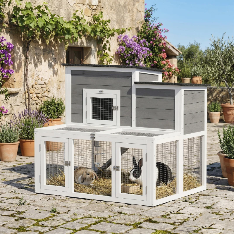 PawHut Clapier Lapin Extérieur en Bois Cage à Lapin Intérieur Double Toit Ouvrant Imperméable 2 Niveaux avec Enclos Gris