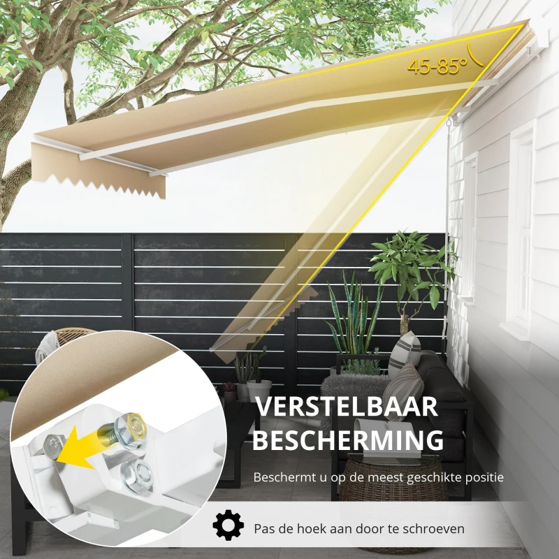 Outsunny Buiten handbediende knikarmluifel 4m met handslinger aluminium wit + beige(m-7)