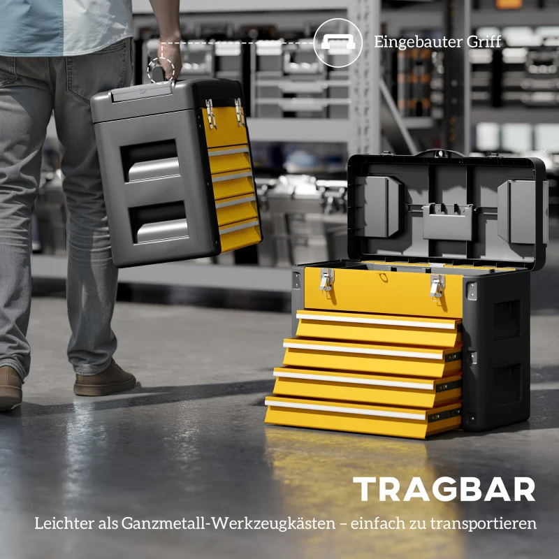 HOMCOM Werkzeugkiste leer, 49,7 x 25,3 x 40,7 cm Werkzeugkasten mit 4 Schubladen, Mini-Box Stahl Gelb