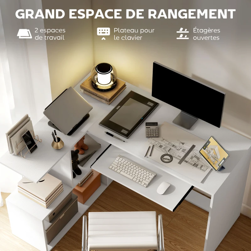 HOMCOM Bureau d'angle bureau en L avec étagères de rangement, plateau à clavier coulissant, 120x100x76cm, blanc