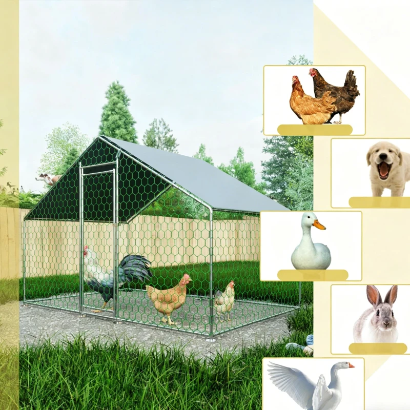 Freilaufgehege Hühnerstall mit Sicherheitsschloss und Wasserdichtes PE-Tuch, für Hühner, Kaninchen und weitere Kleintiere, 303x200x200 cm, Silber