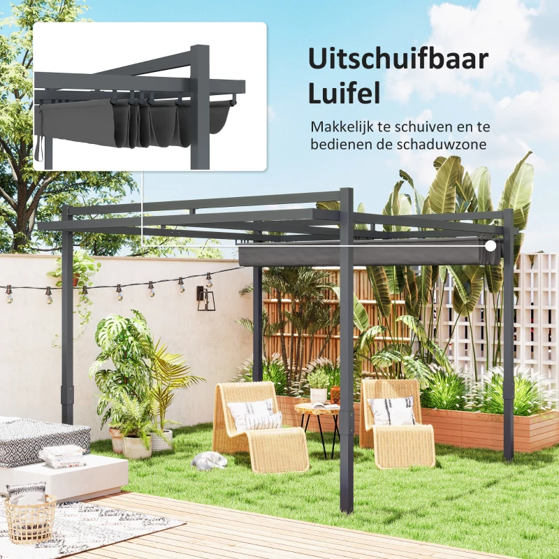 Outsunny Pergola met Schuifdak ca. 3,5x3m Aluminium Duurzaam Winterbestendige Zonwering Grijs