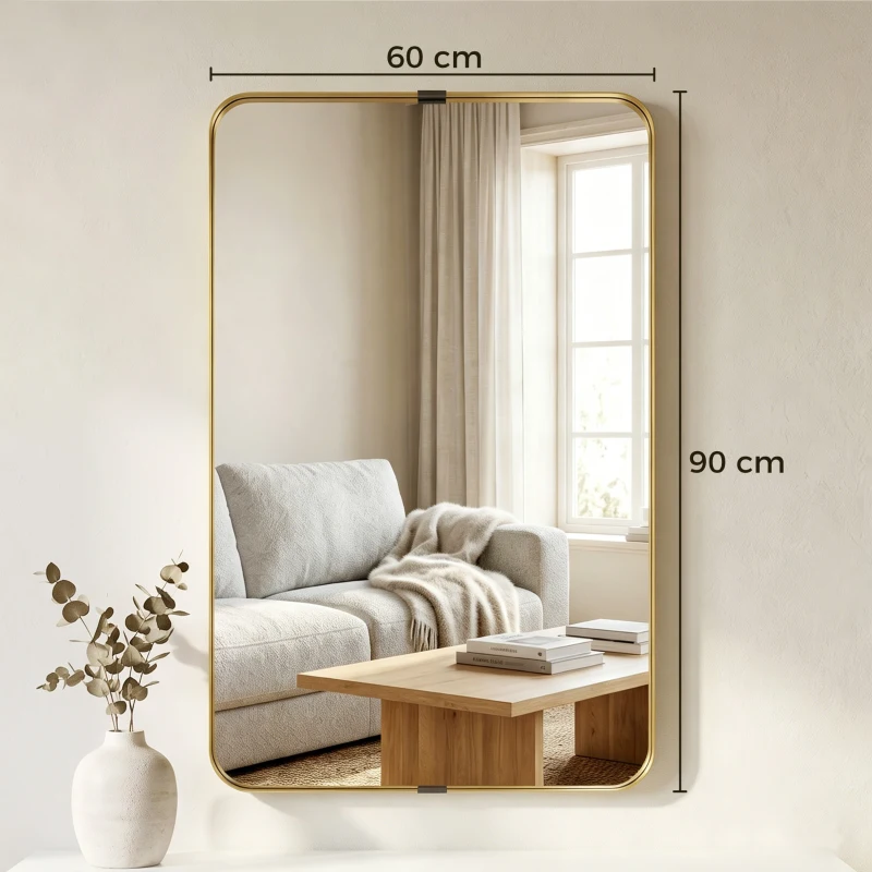 HOMCOM Rectangular Wall Mirror, 90 x 60 cm Wall Mounted Bathroom Mirror w/ Aluminium Alloy Frame and Tempered Glass, Gold Tone