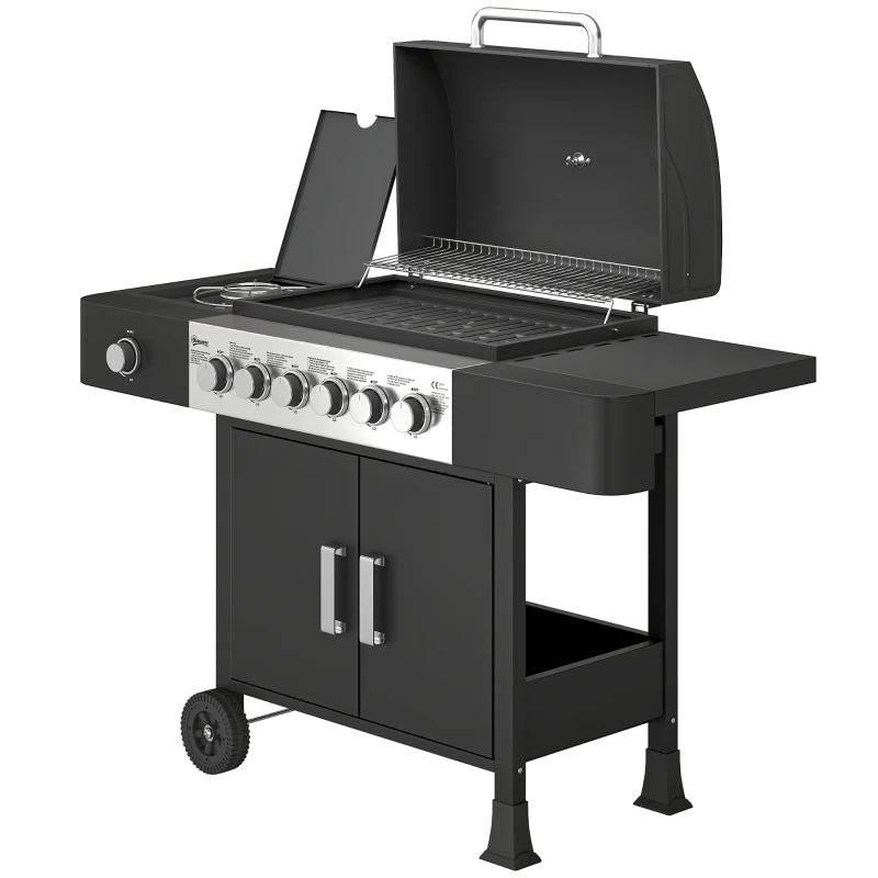 Outsunny Gasgrill 17,8 KW 6+1 Brenner BBQ Grillwagen aus Edelstahl inkl Rolle Seitenbrenner Thermometer Emaille-Grillrost