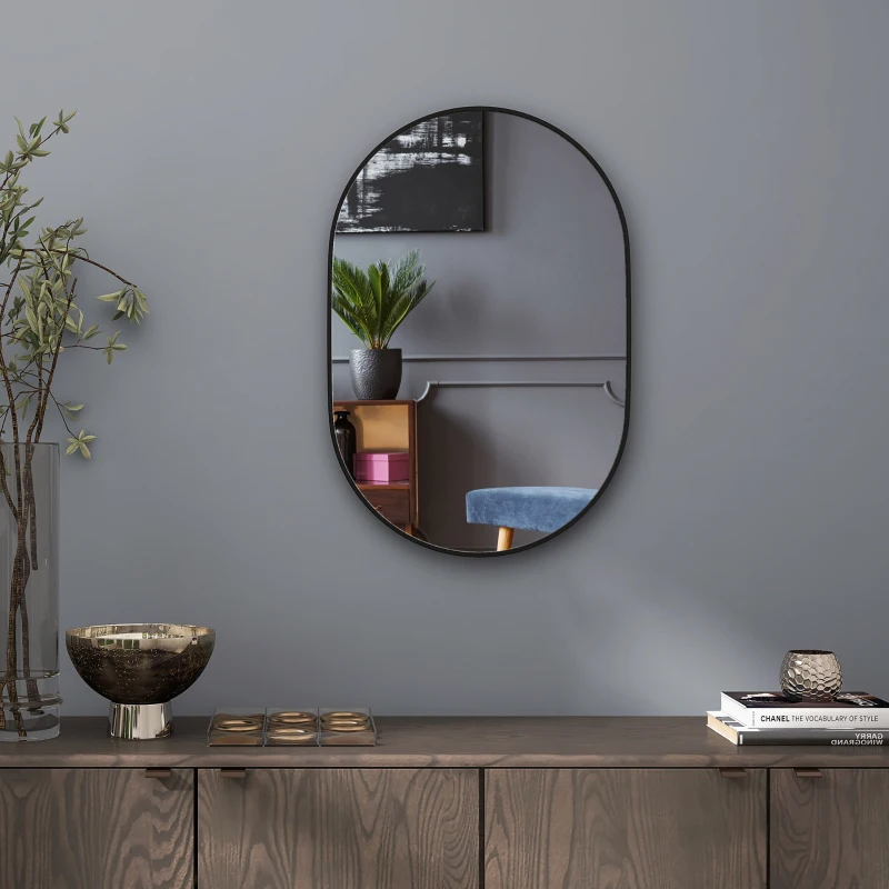 HOMCOM Miroir ovale mural cadre en aluminium style minimaliste montage vertical ou horizontal avec 3 crochets 60 x 90 cm noir