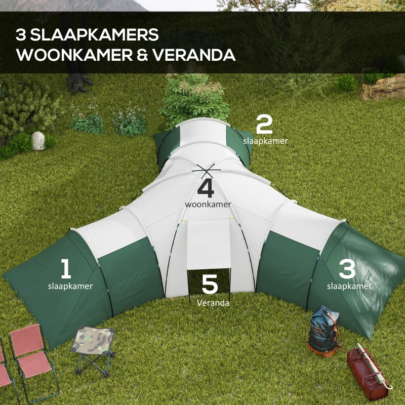 Outsunny Kampeertent voor 6-9 Personen, 4 Kamers, Voortent, Waterdicht, 615x615x225cm, Groen