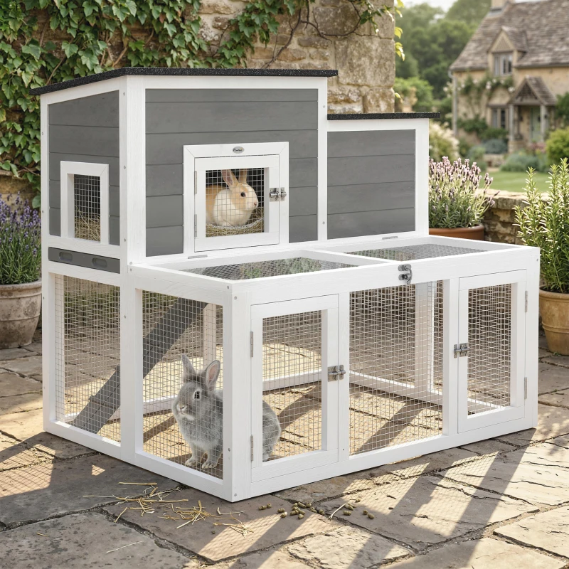 PawHut Clapier Lapin Extérieur en Bois Cage à Lapin Intérieur Double Toit Ouvrant Imperméable 2 Niveaux avec Enclos Gris