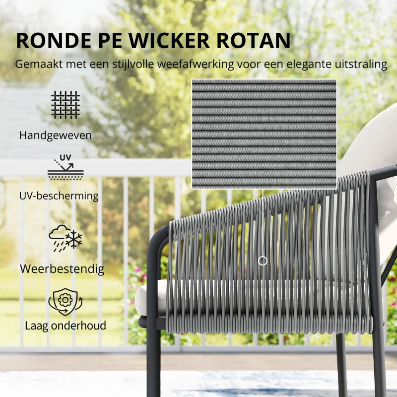 Outsunny Tuinmeubelset 4-delig polyrattan loungeset met tweezitsbank, 2 fauteuils, salontafel, afneembare kussens met banden